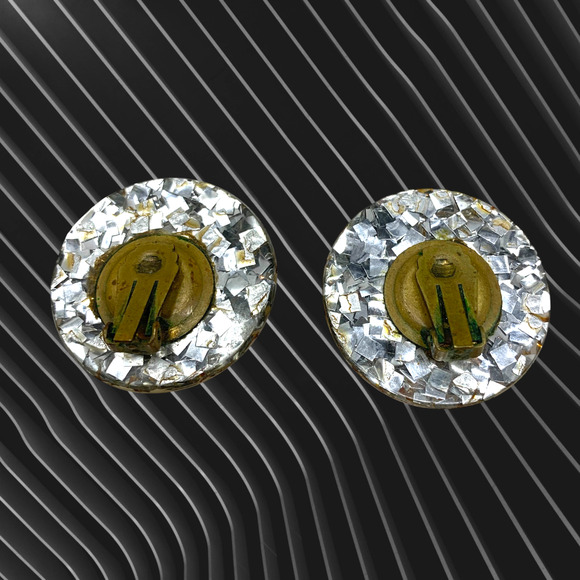 Vintage 1980's Metallic Flake Acrylic Domed Huge Earrings Clip On Runway Couture - Picture 2 of 5